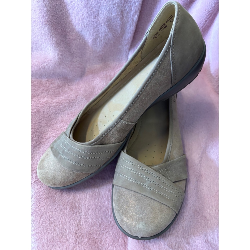 Hotter Natasha Taupe Comfort Flats Metallic Suede Slip On Shoes Womens 9.5